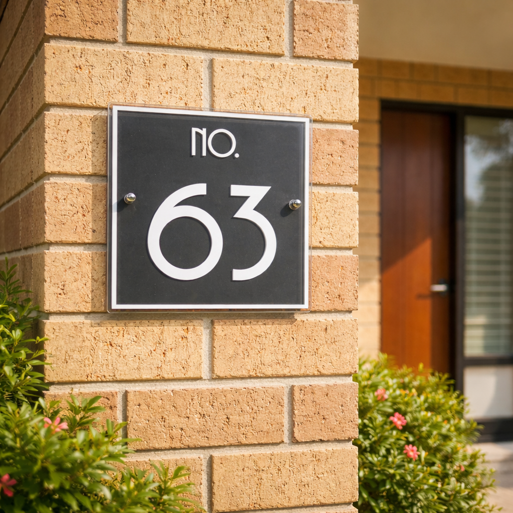 Metro 2 House number 63 in graphite and white on a brick wall with greenery around
