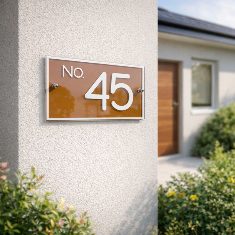 Urban rectangular house number sign in acrylic with mocca background and white vinyl text "No. 45" mounted on a light grey rendered wall with stainless stand-off fixings