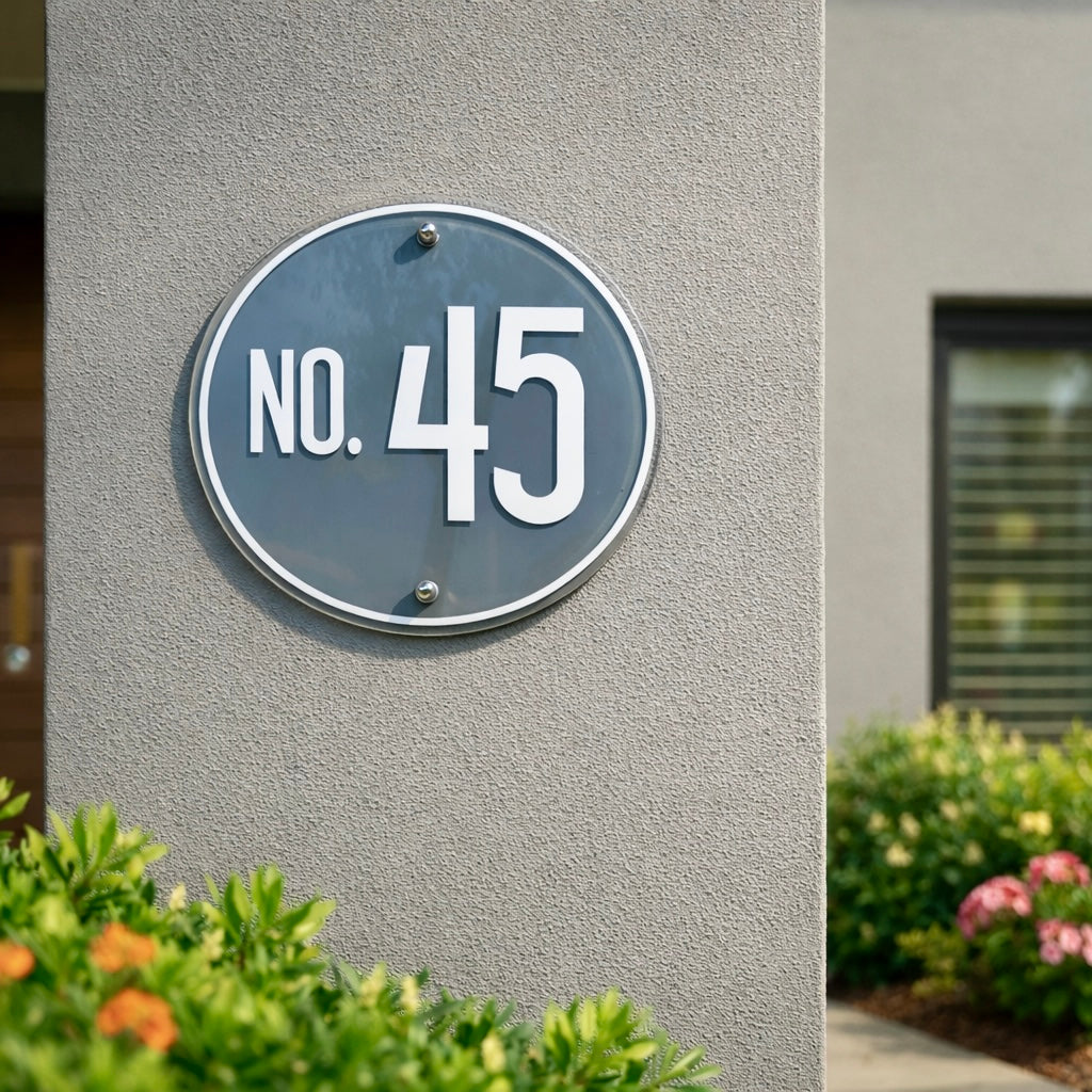 Vogue 2 round grey house number sign with white numerals 142 mounted on a light grey rendered wall with stainless stand-off fixings