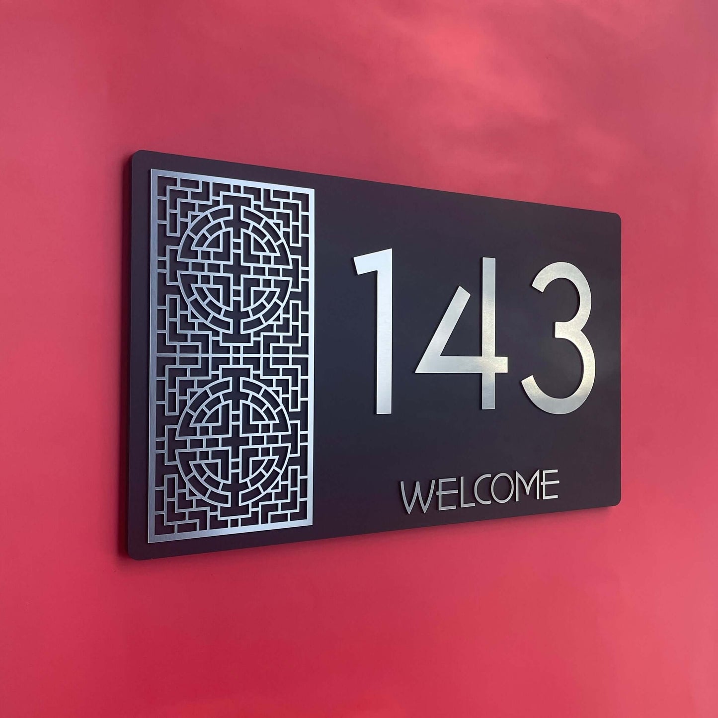 Modern Australian-made house number sign '143' with decorative design, easy to install, suitable for SW2 surfaces.
