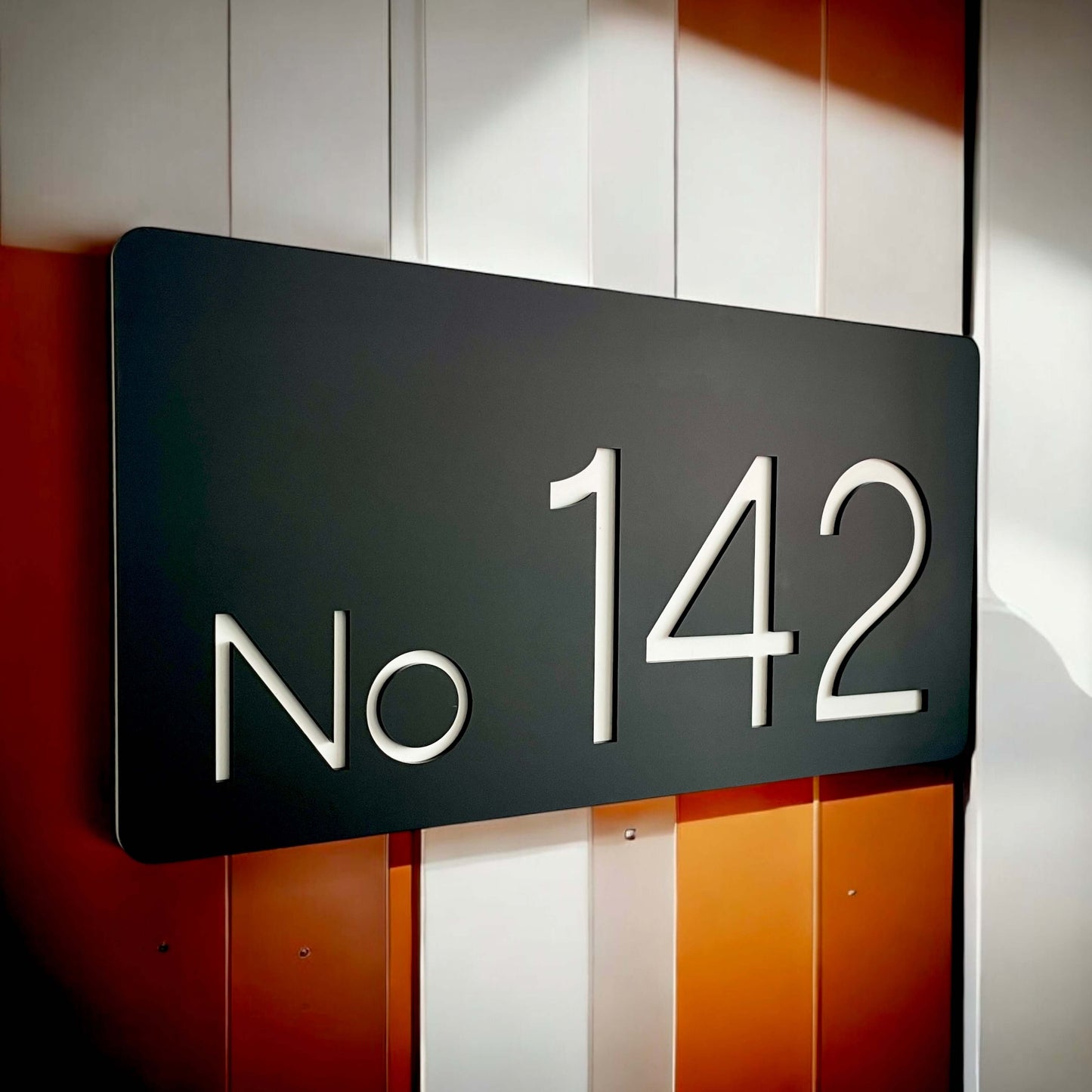 "SW2 house number sign 142, Australian made, Nouveau 3 design, 320mm x 180mm, easy DIY installation on smooth surfaces"