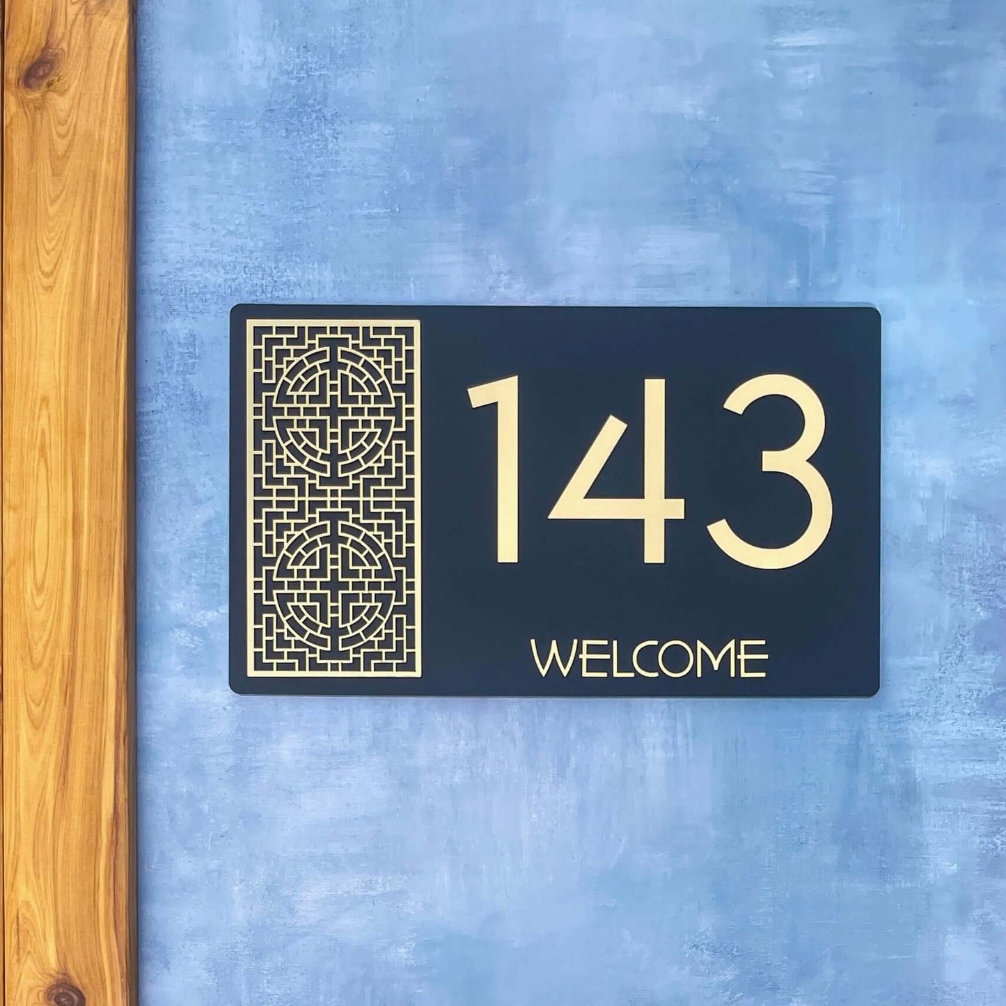 "SW2 house number sign with design 143, featuring decorative pattern, suitable for 2–3 numbers, DIY installation, Australian made Lustre L5"