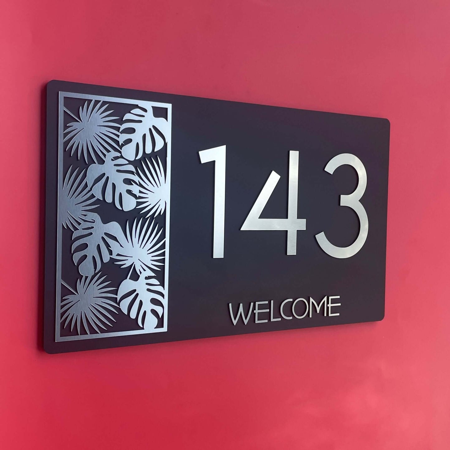 Modern SW2 house number sign with floral design, displaying number 143 and 'Welcome' text, perfect for Australian homes.