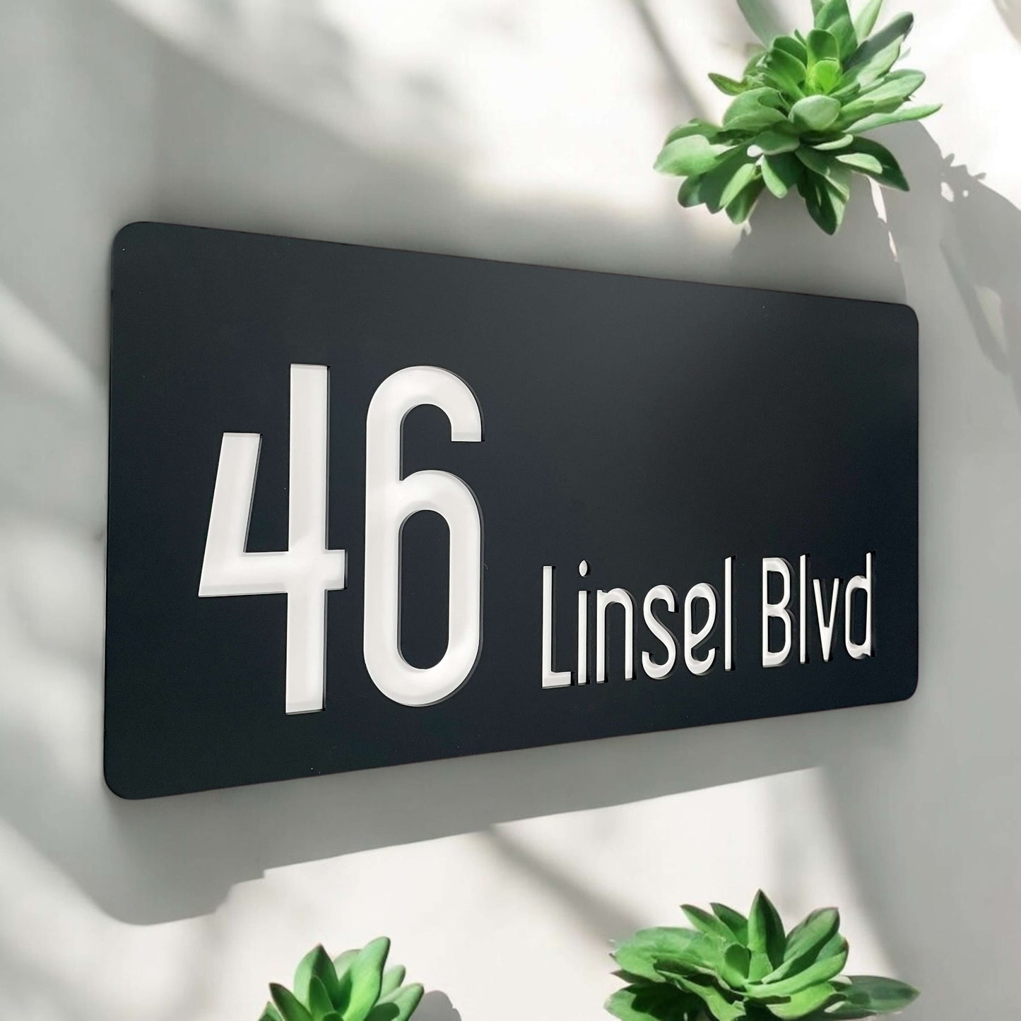 SW2 house number sign with 46 Linsel Blvd, Australian made, modern design, suitable for outdoor use, easy installation.