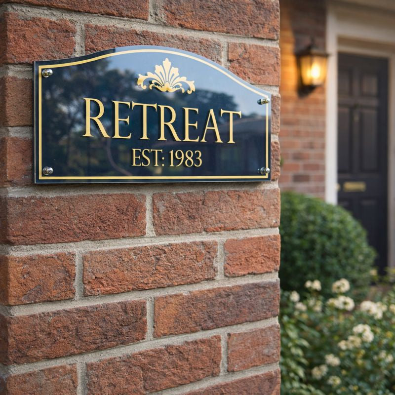 Heritage traditional acrylic house name sign in navy with gold vinyl lettering "Retreat Est. 1983" mounted on a red brick wall at a classic heritage-style home