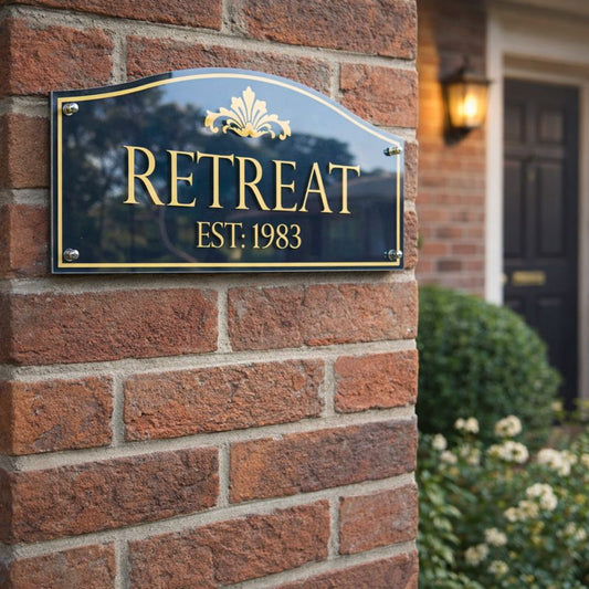 Heritage traditional acrylic house name sign in navy with gold vinyl lettering "Retreat Est. 1983" mounted on a red brick wall at a classic heritage-style home
