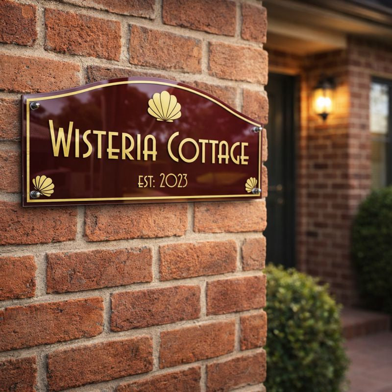 Heritage traditional acrylic house name sign in burgundy with gold vinyl lettering "Wisteria Cottage Est. 2023" mounted on a red brick wall with classic styling