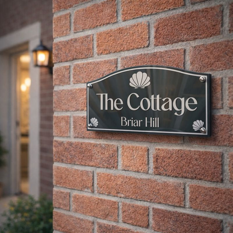 Heritage style house sign reading 'The Cottage Briar Hill' on a brick wall.