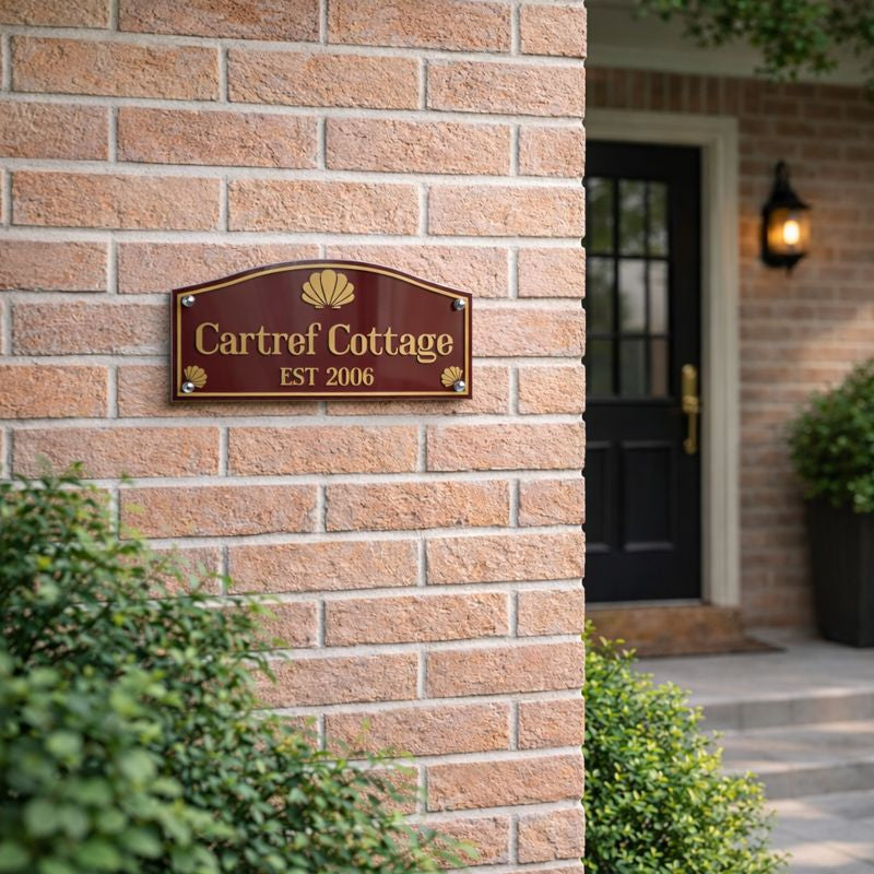 Heritage stylee house name sign.Brick wall with a sign reading 'Cartref Cottage EST 2006' and a black door in the background.
