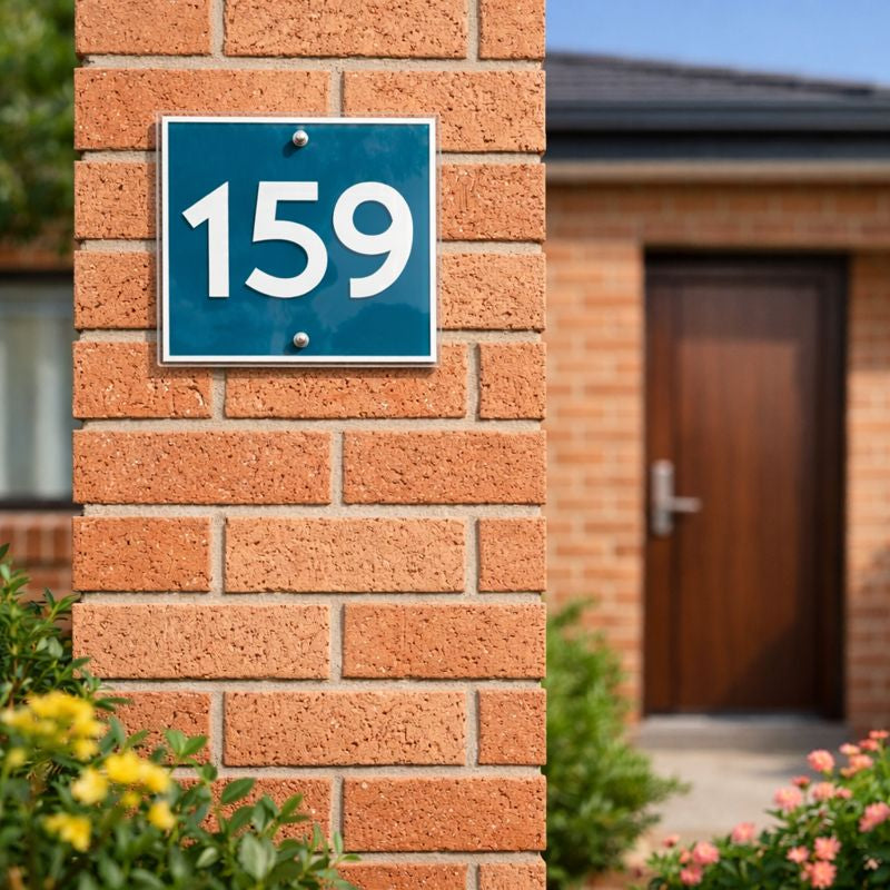 Metro 1 House number 159 in teal and white on a brick wall with a blurred background