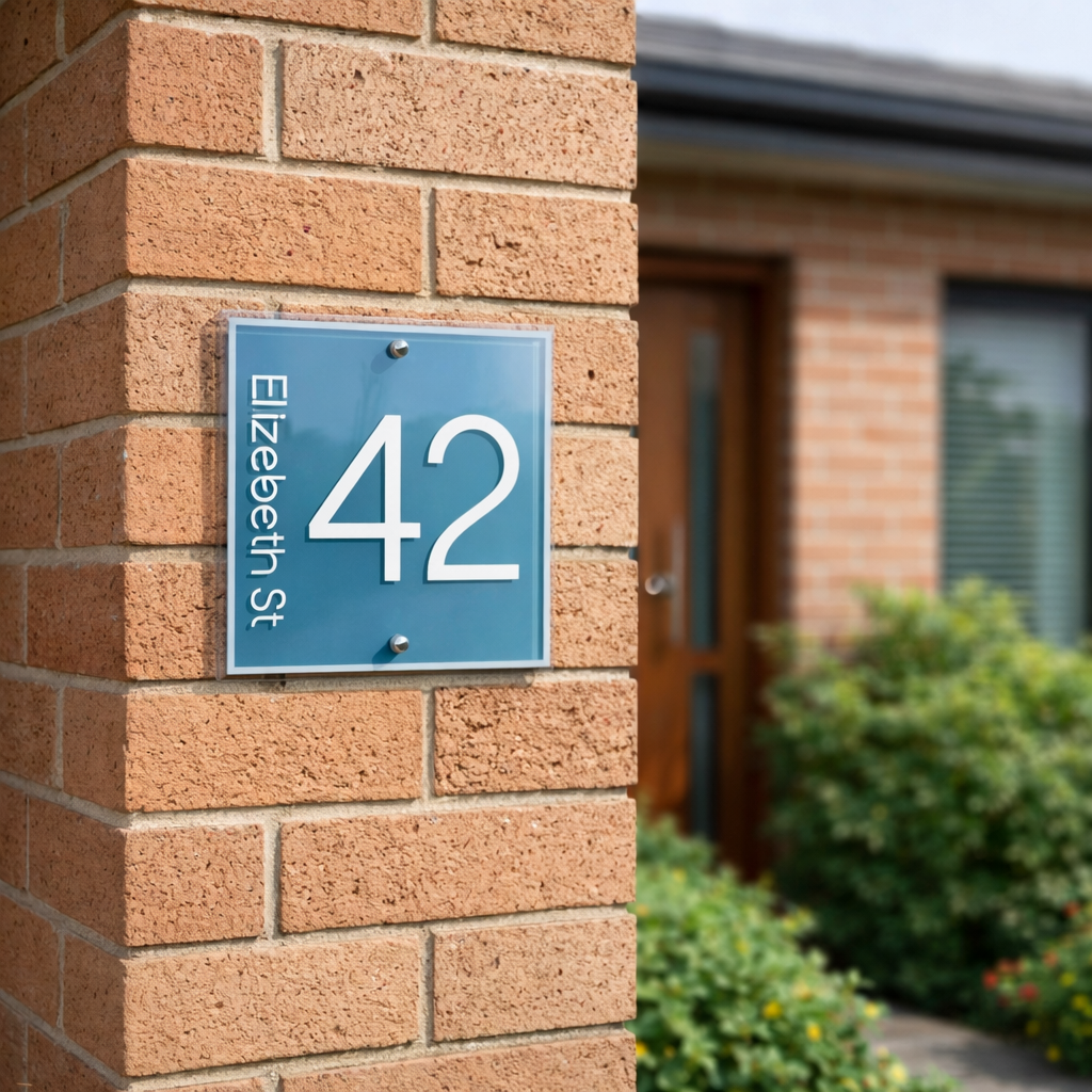 Metro 3 House number 42 on a blue sign attached to a brick wall.