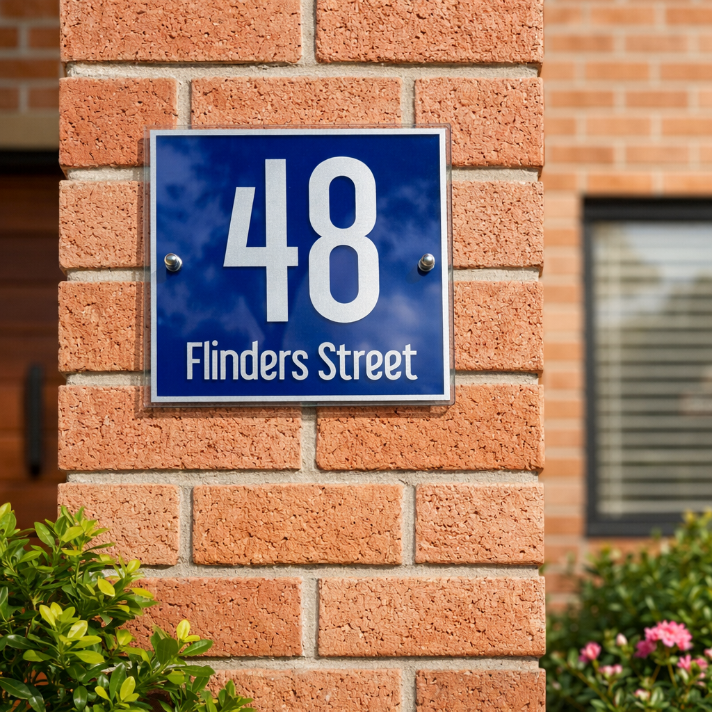 Metro 4 House number sign '48 Flinders Street' on a brick wall.
