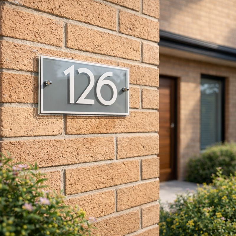 Urban rectangular house number sign in acrylic, fgrey background with white numbers showing 126 mounted on a red brick wall with stainless stand-off fixings
