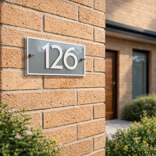 Urban rectangular house number sign in acrylic, fgrey background with white numbers showing 126 mounted on a red brick wall with stainless stand-off fixings
