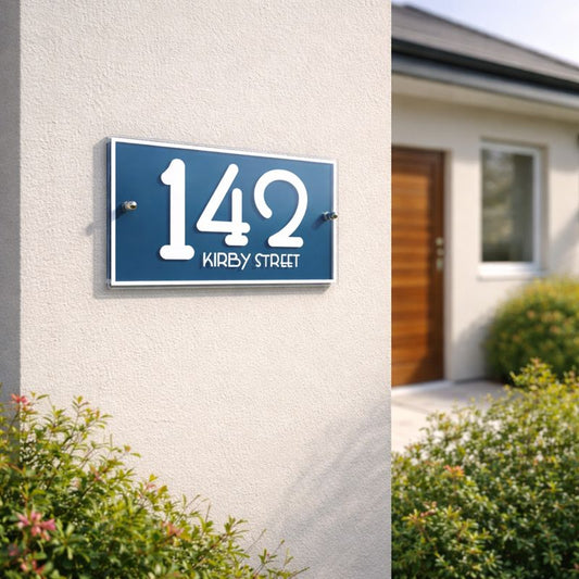 Urban 7 House number sign, landscape style, '142 Kirby Street' on a house exterior.