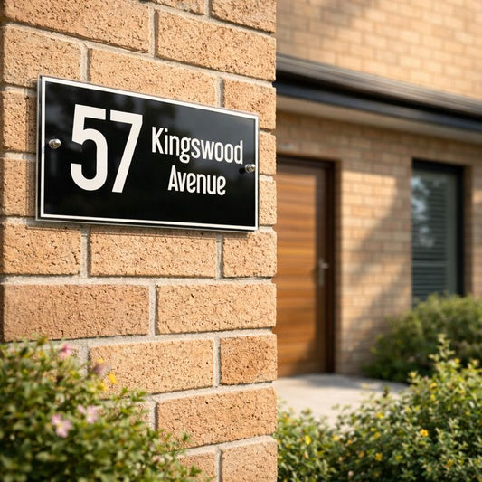 Urban 8 House number sign, landscape style, on a brick wall with '57 Kingswood Avenue' text