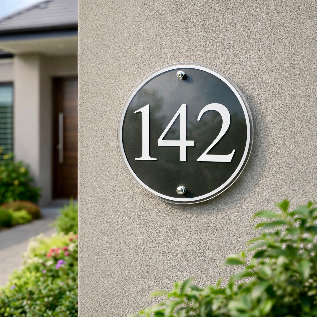 Vogue 1 round black house number sign with white numerals 142 mounted on a light grey rendered wall with stainless stand-off fixings