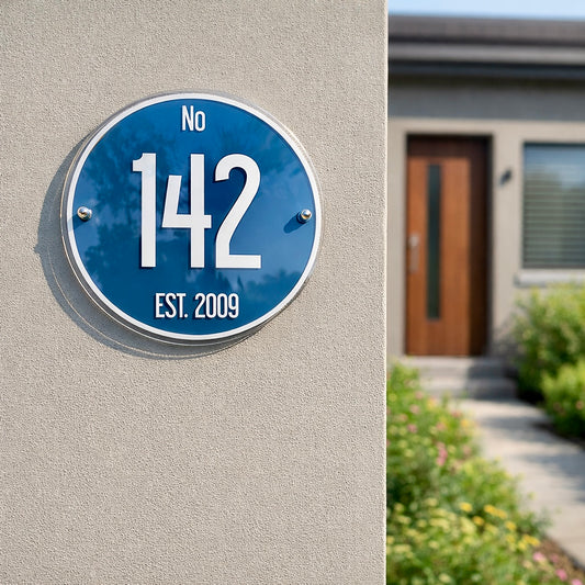 Vogue 3 Blue house number sign with 'No 142 EST. 2009' on a gray wall.