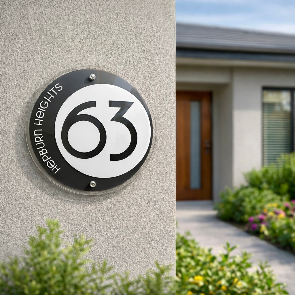 Vogue 5 round black and white house number sign showing 63 with suburb text "Hepburn Heights" mounted on a light grey rendered wall with stainless stand-off fixings