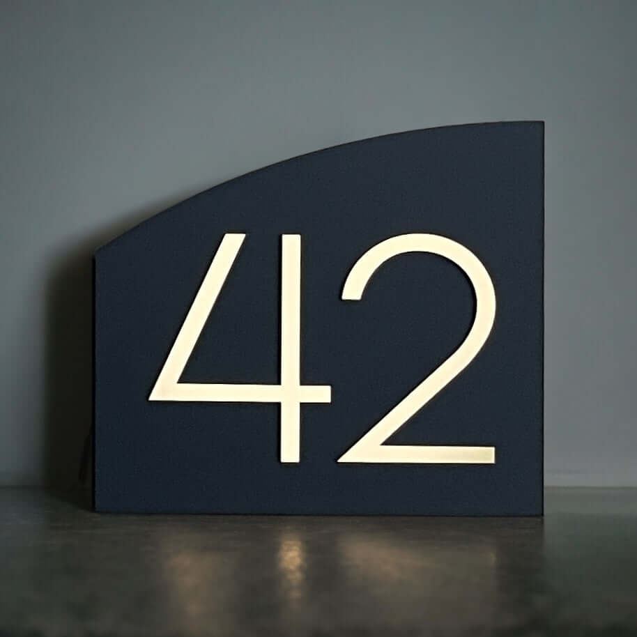 Australian made house number sign, Moda 12 SW2, with number 42, 215mm x 190mm, weather-resistant, for flat surfaces.