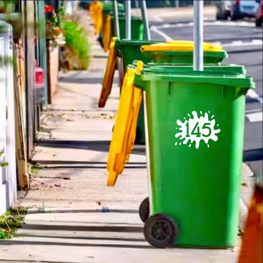 Alt Tag: Green bin with yellow lid featuring 'Splash' decal and house number 145, enhancing curb appeal with premium SW2 design.