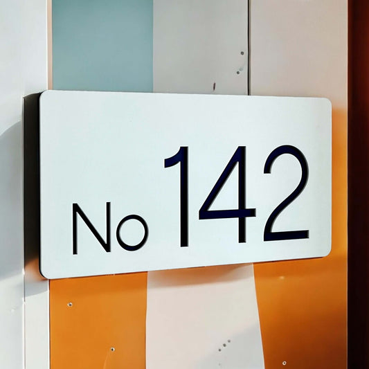 SW2 house number sign with 'No 142', Australian made Nouveau 3 design, 320mm x 180mm, DIY installation, sleek modern style.
