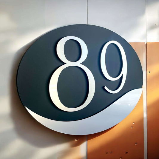 House Number Sign 89 on Matte Black Acrylic with Floating Mount System for Secure Installation, 300mm x 210mm, Australian Made