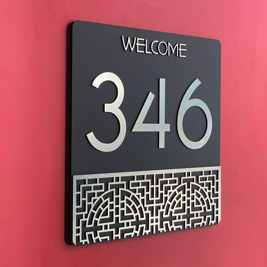 Modern SW2 house number sign with 'Welcome' message, featuring a geometric design, ideal for 2-3 numbers, Australian made.