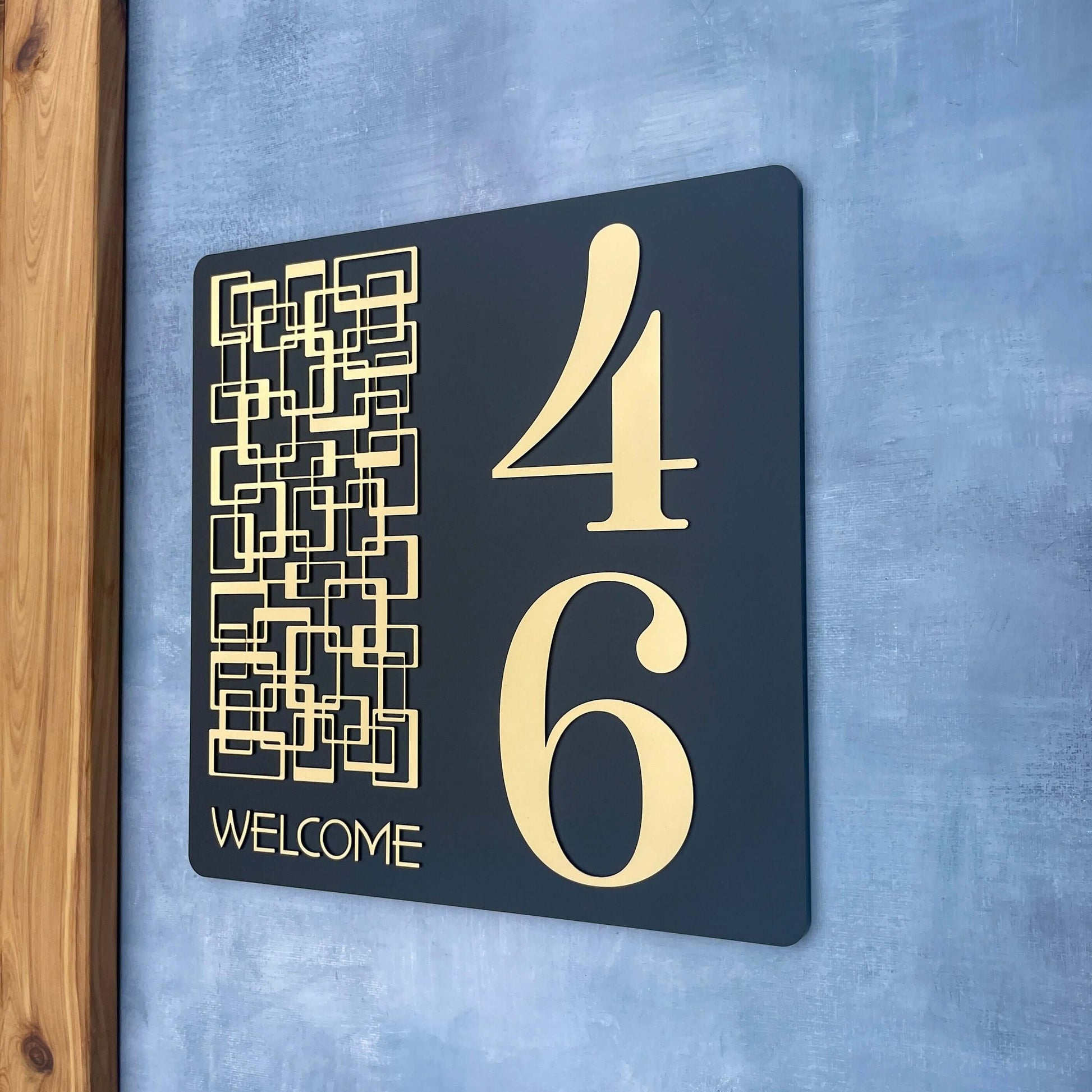 Modern house number sign 46 with geometric design, suitable for 2-3 numbers, Australian made, simple DIY installation.