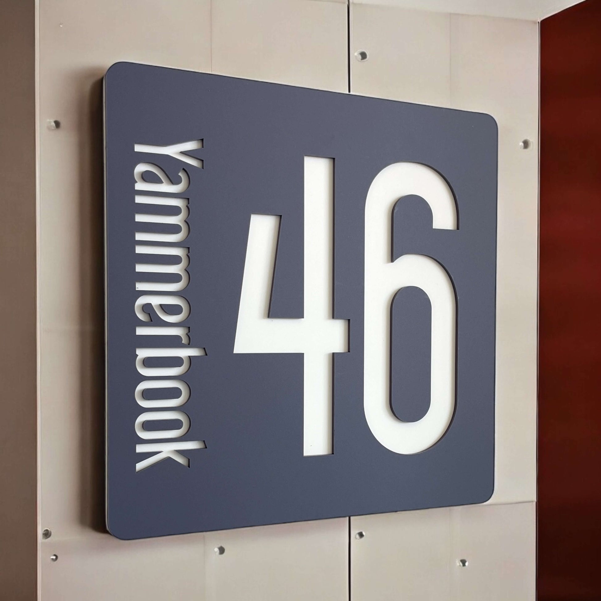 Modern grey house number sign with '46' and vertical text, ideal for contemporary Australian homes, SW2 style.